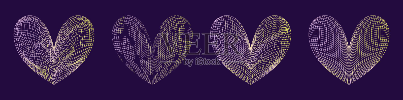 网格y2k设置心梯度形状。3d平面设计y2k复古风格。网格线形状。矢量图插画图片素材