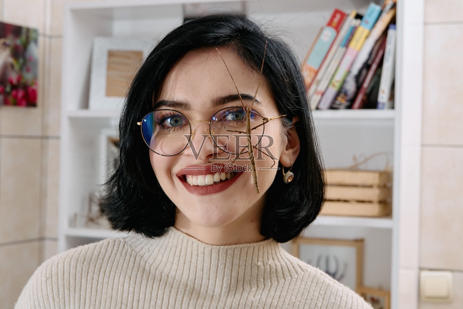 年轻女子和她的竹节虫(Medauroidea exentata)在美丽的时刻被捕捉到照片摄影图片