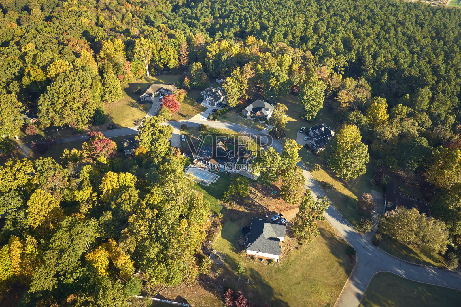 南卡罗来纳州郊区秋季的黄色树木间新建的家庭住宅航拍景色照片摄影图片