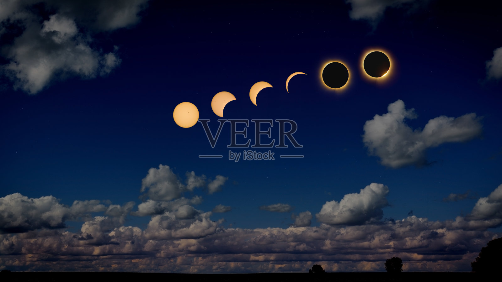 一个农村农场的日全食进程。照片摄影图片