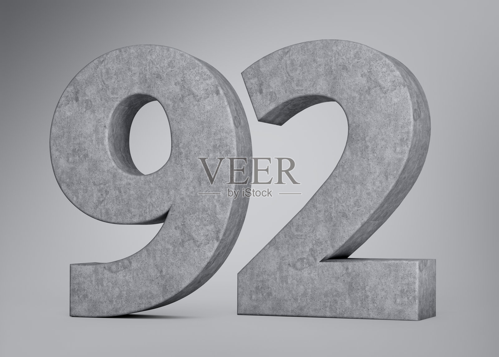3d混凝土数字九十二92数字制成的灰色混凝土石头灰色背景3d插图照片摄影图片
