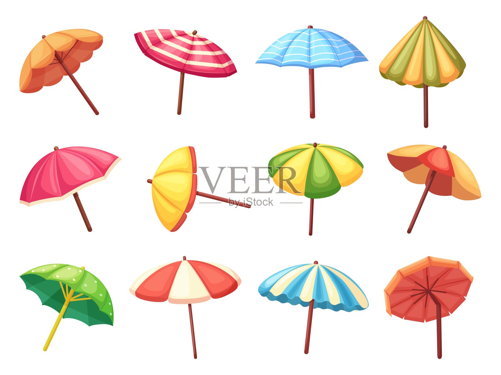 孤立的沙滩伞。夏日休闲、海边休憩的卡通伞。防晒护肤，开彩色遮阳伞，如今卡通套装的旅游对象放松保护插画图片素材