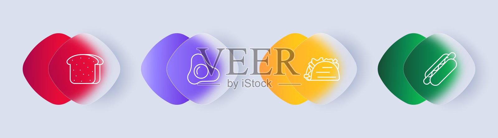 食物集图标。鸡蛋，煎蛋卷，煎蛋，沙瓦玛，皮塔饼，面包，切，热狗，快餐，垃圾食品，梯度，蛋黄，蛋白，美味佳肴，不寻常的食物。Glassmorphism风格。插画图片素材