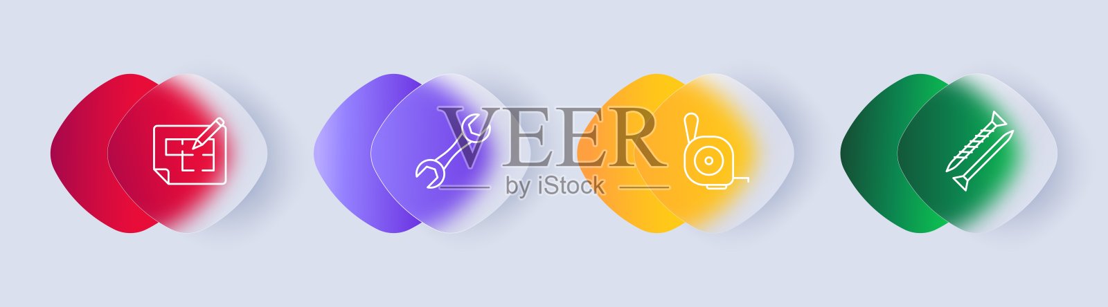 建设集图标。修理用品、设备、坡度、平面图、铅笔、标记、钉子、螺丝、扳手、蓝纸。施工设备概念。Glassmorphism风格。插画图片素材