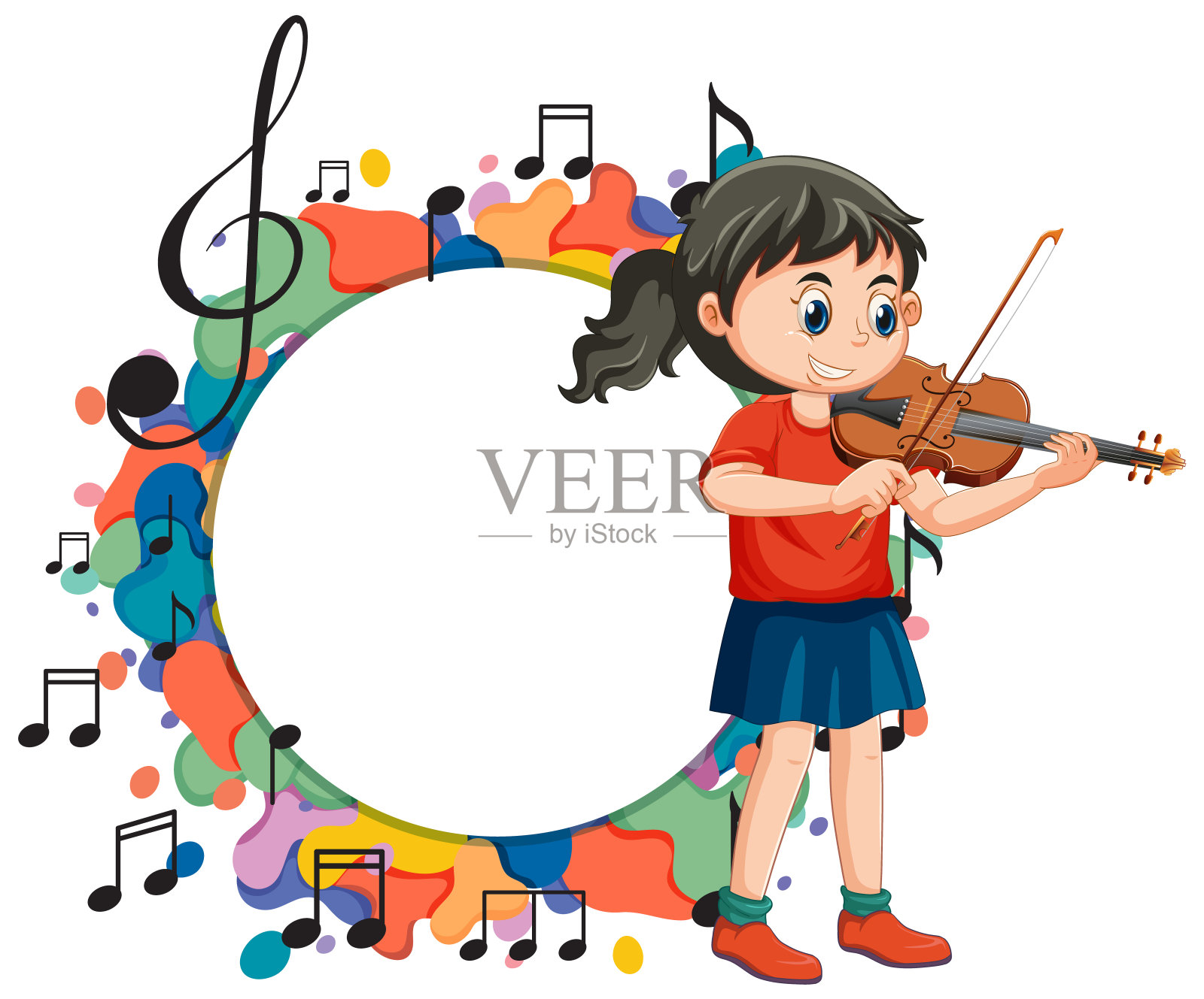 一个女孩拉小提琴的插图，周围都是音符。插画图片素材
