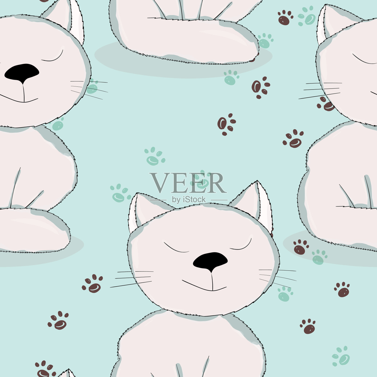 无缝图案与可爱的小猫印花。不同的scandy猫的颜色背景。斯堪的纳维亚风格的儿童插图。矢量插图的织物，纺织品，壁纸，家居服装，睡衣插画图片素材