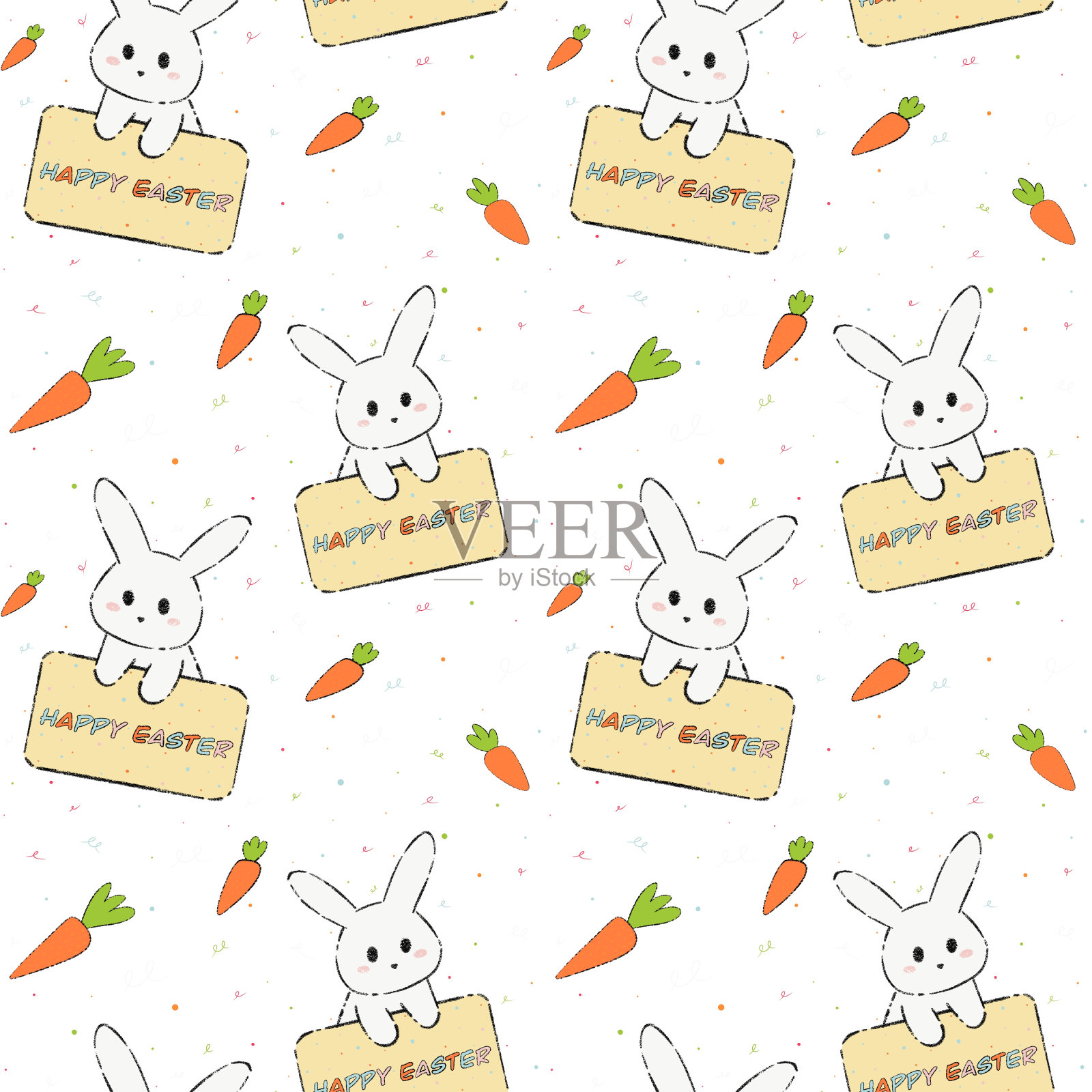 白底胡萝卜兔:复活节快乐图案插画图片素材