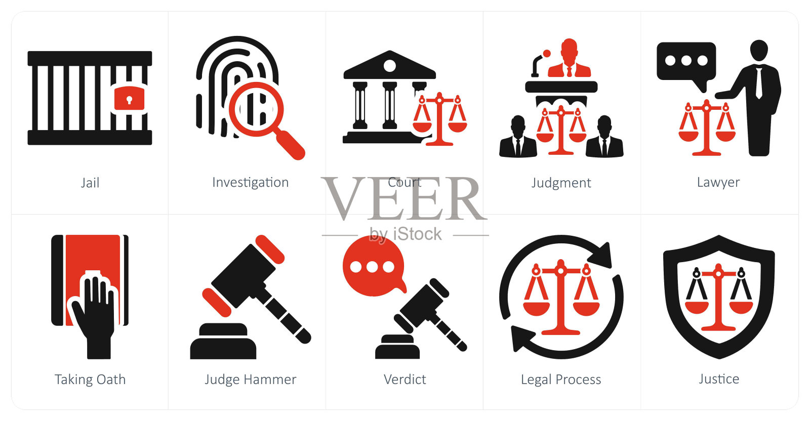 包含10个司法图标的合集：监狱、调查、法庭插画图片素材