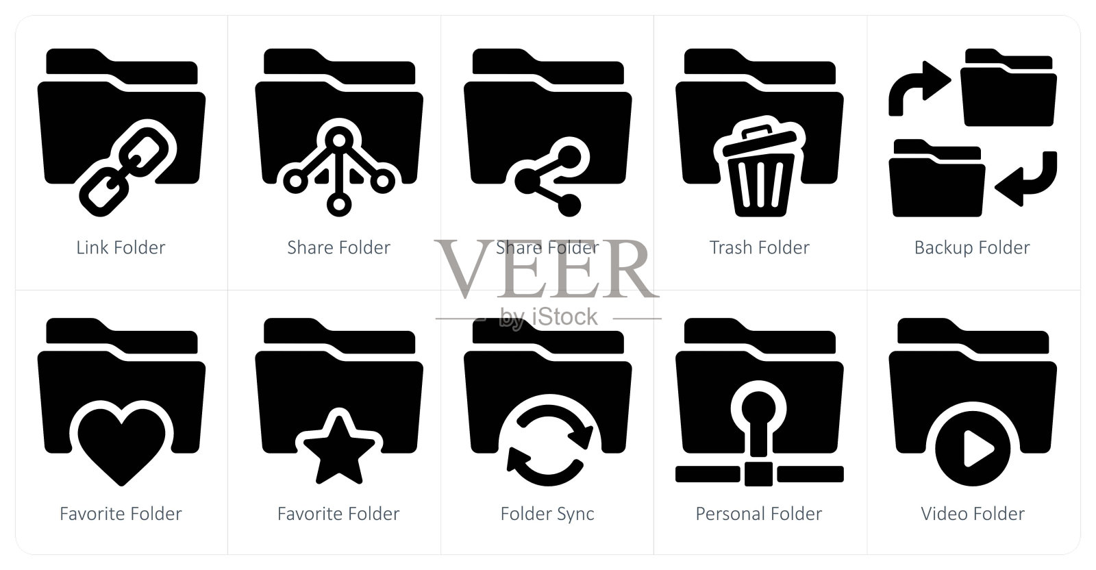 一组10个文件夹图标链接文件夹，共享文件夹，垃圾文件夹插画图片素材