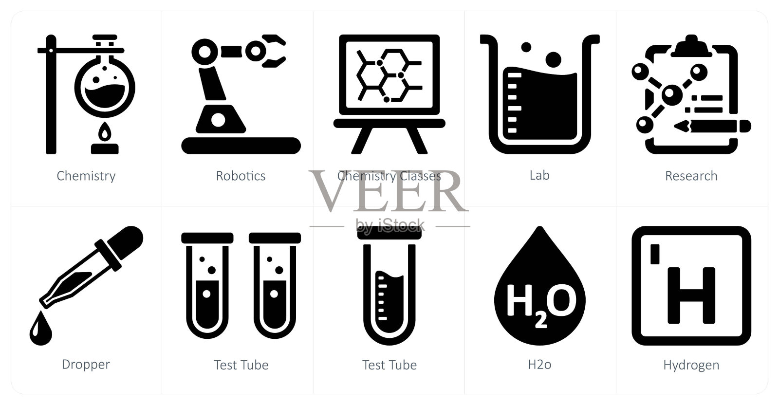 一套10个科学和实验图标作为化学，机器人，化学类插画图片素材