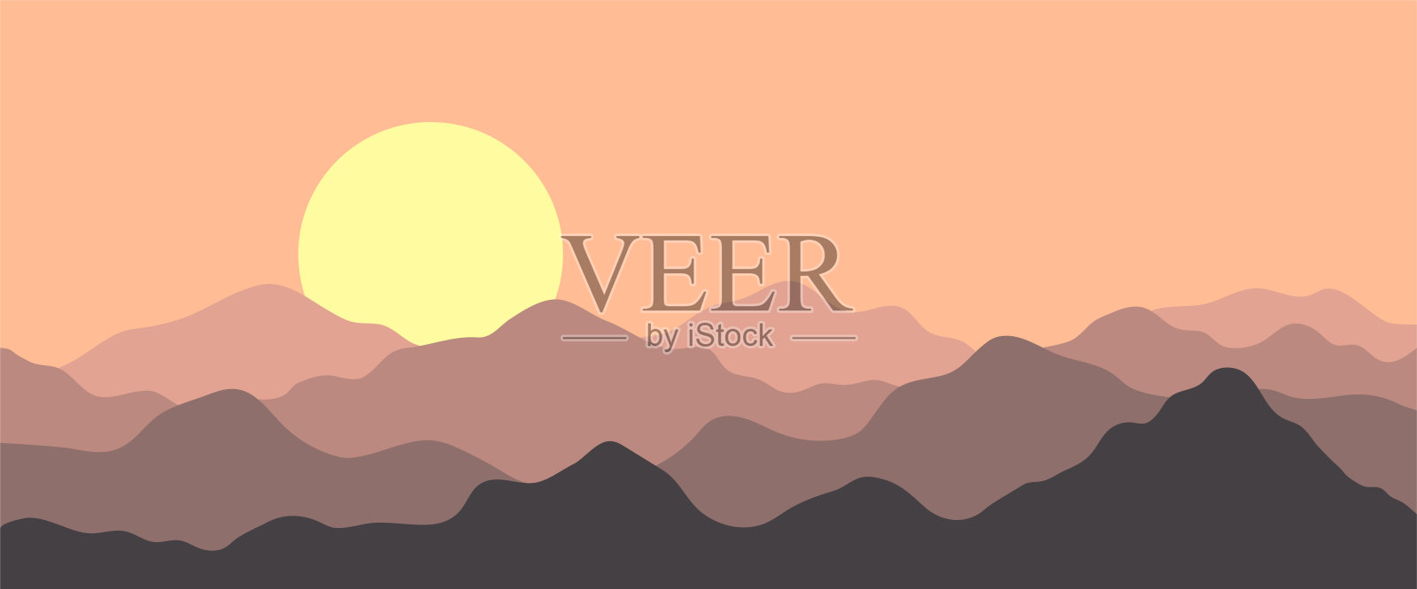 全景山，太阳在山上，手绘景观矢量插图为您的设计。插画图片素材