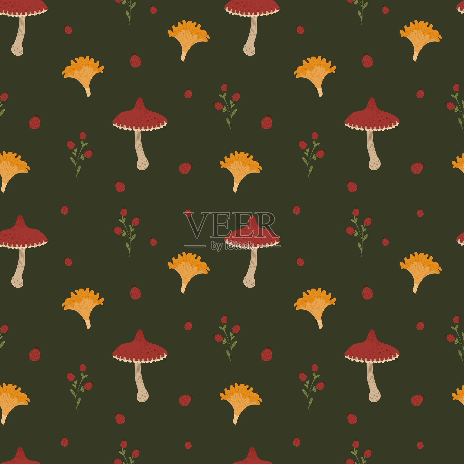 无缝矢量模式与森林蘑菇和玫瑰果浆果插画图片素材