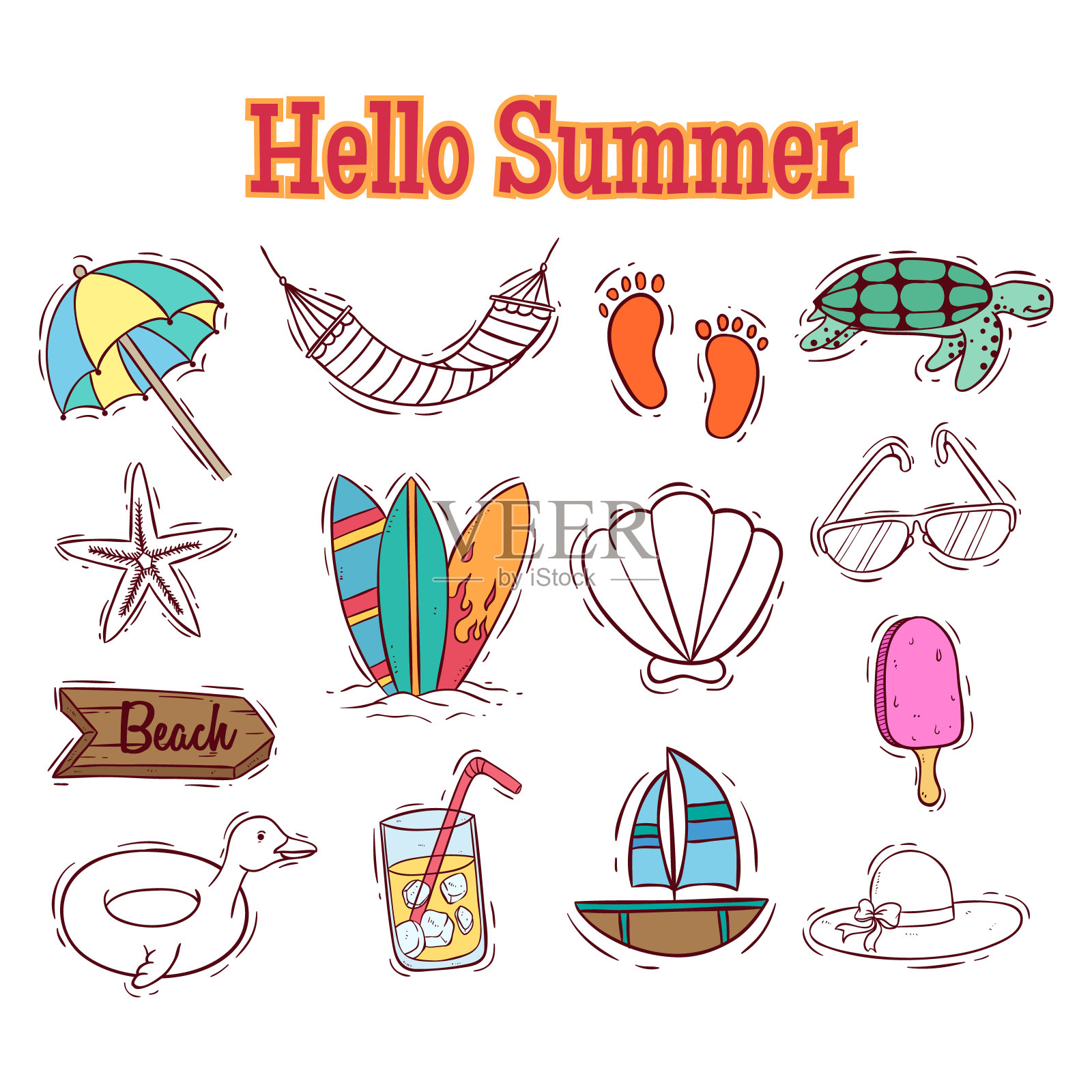 一套可爱的涂鸦夏季图标或元素插画图片素材