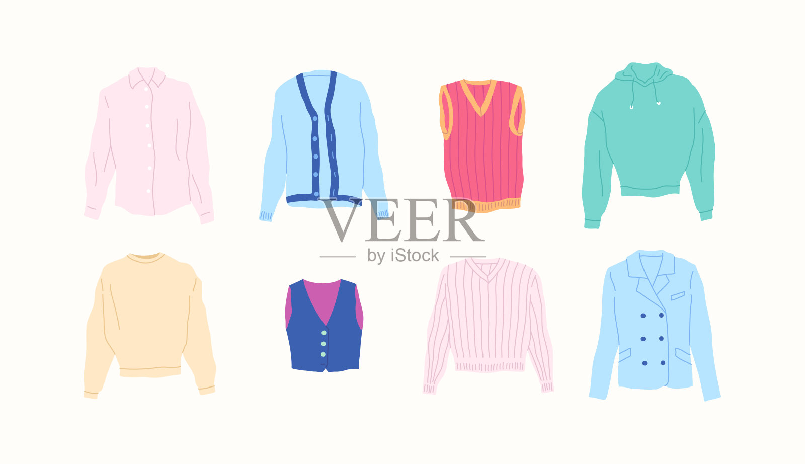 卡通色彩不同类型的衣服男士上衣套装。向量插画图片素材