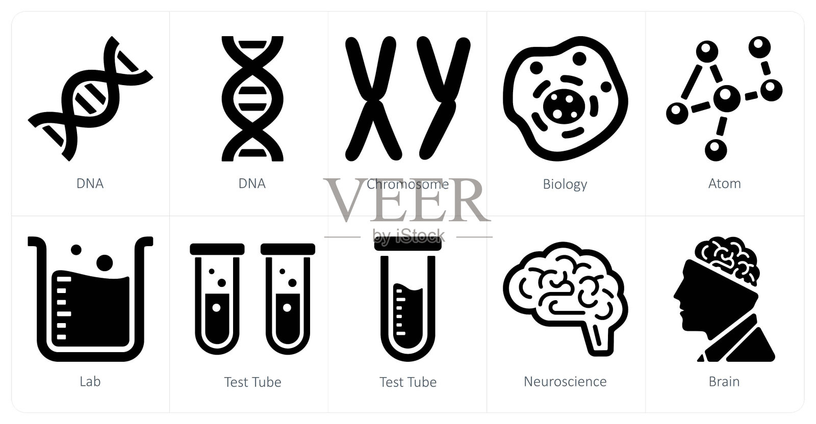 一套10个科学和实验图标，如dna，染色体，生物学插画图片素材