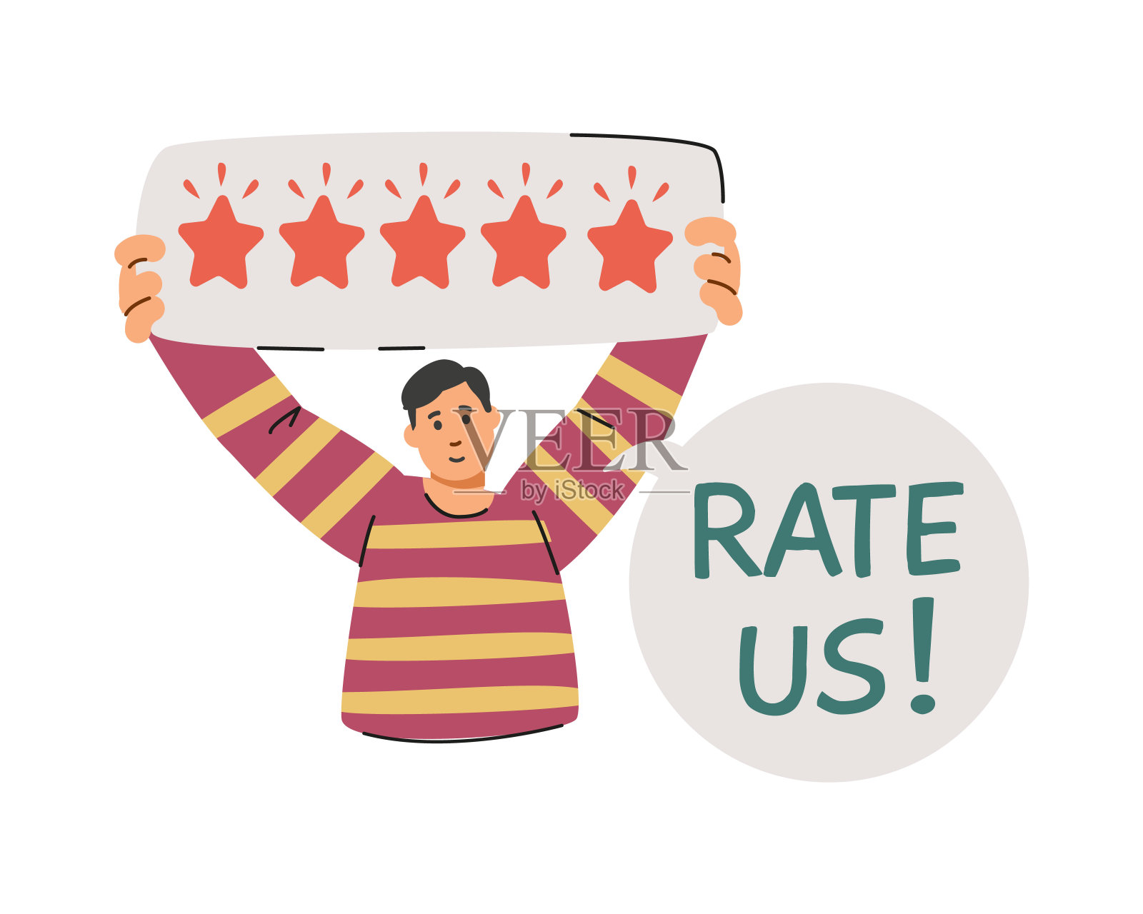一名男子的矢量与五星评论标语牌和题词“给我们打分!”插画图片素材