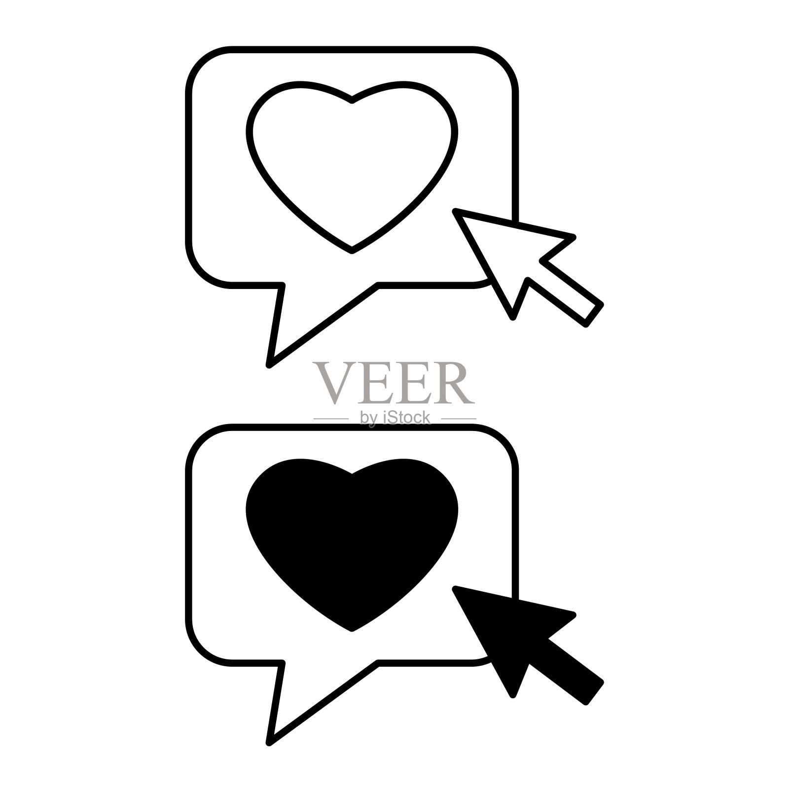 图标点击喜欢。黑色和白色矢量图标。点击心脏上的电脑鼠标箭头。认可，喜悦，喜欢。社交媒体概念插画图片素材