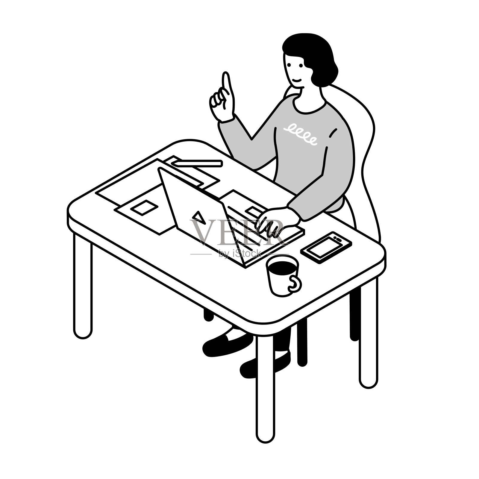 等距构图-一个女人在桌子上工作的简单线条画插画图片素材