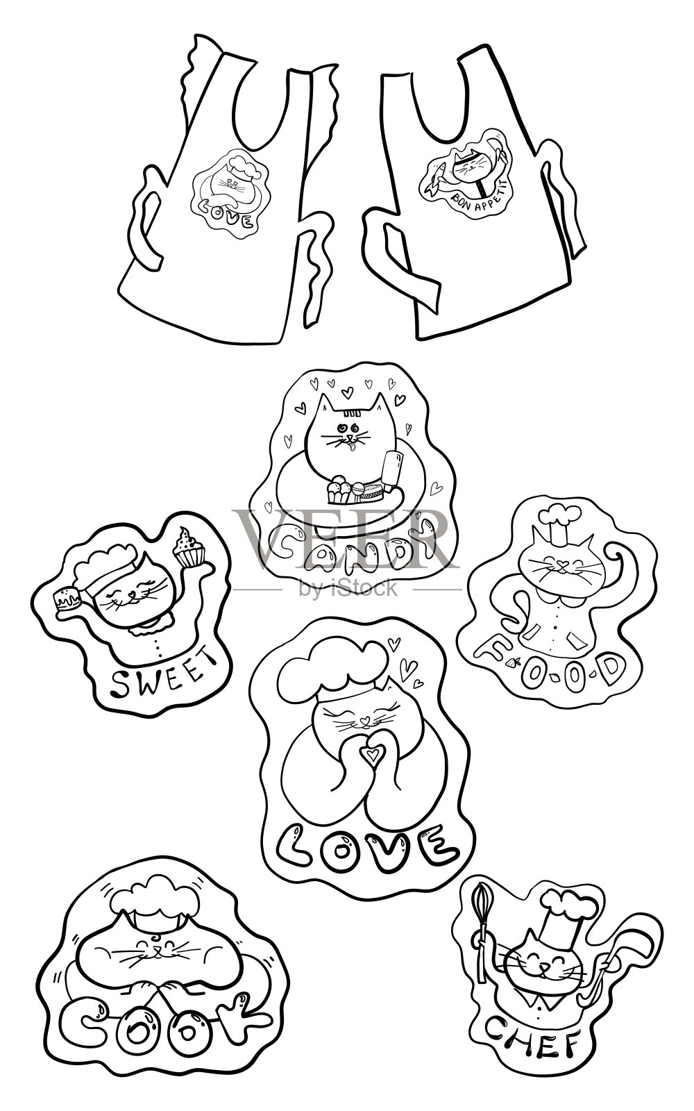 异想天开的猫涂鸦厨房围裙设计插画图片素材