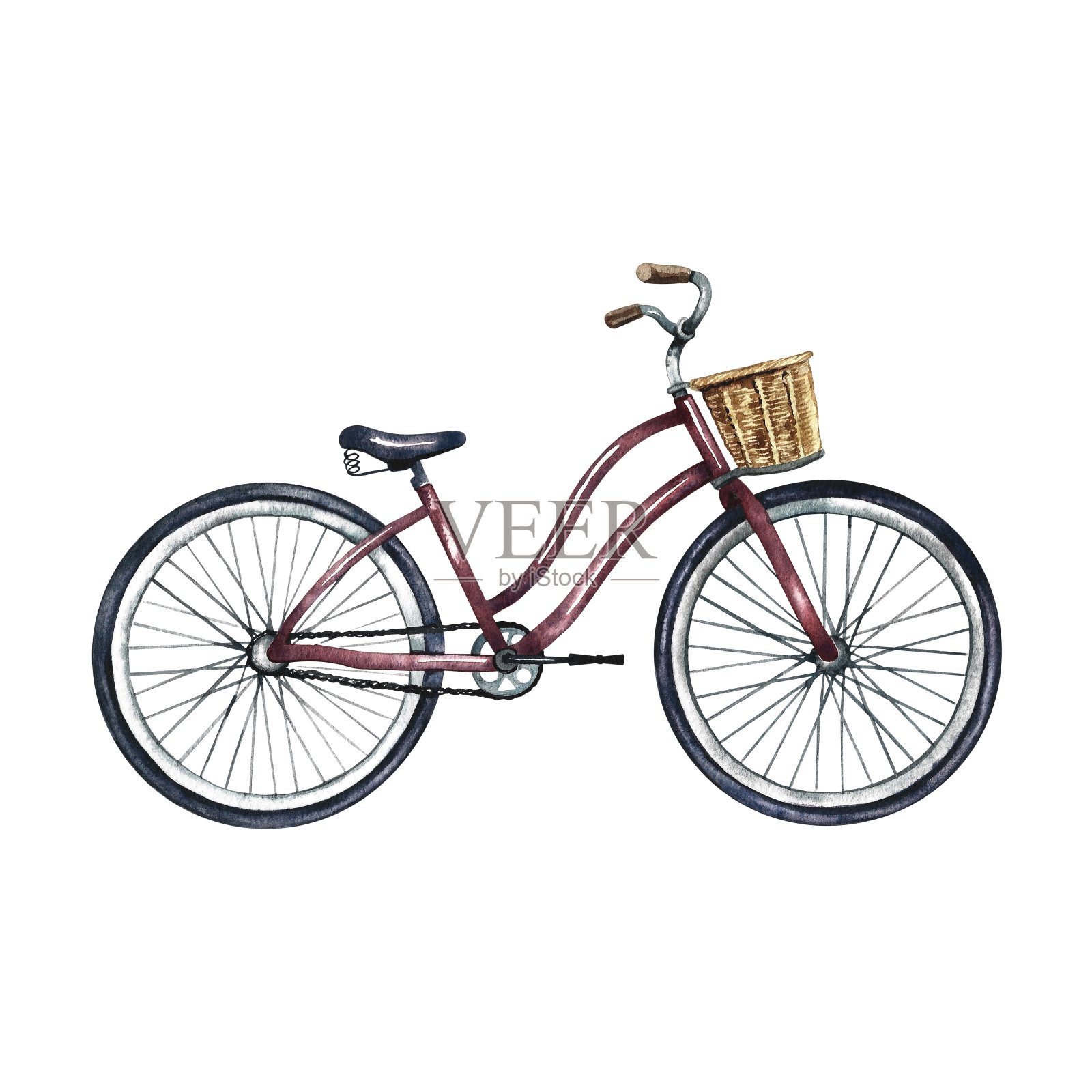 带柳条篮子的老式自行车。手绘水彩复古插画，健康生活方式的象征，生态交通的象征。用于横幅，传单，海报。徽章，贴纸插画图片素材