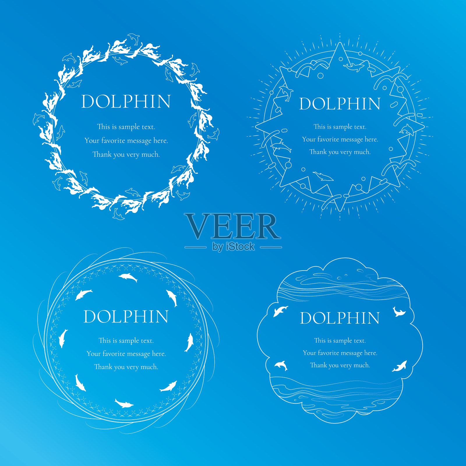 一套夏季装饰框架与海豚的主题。插画图片素材