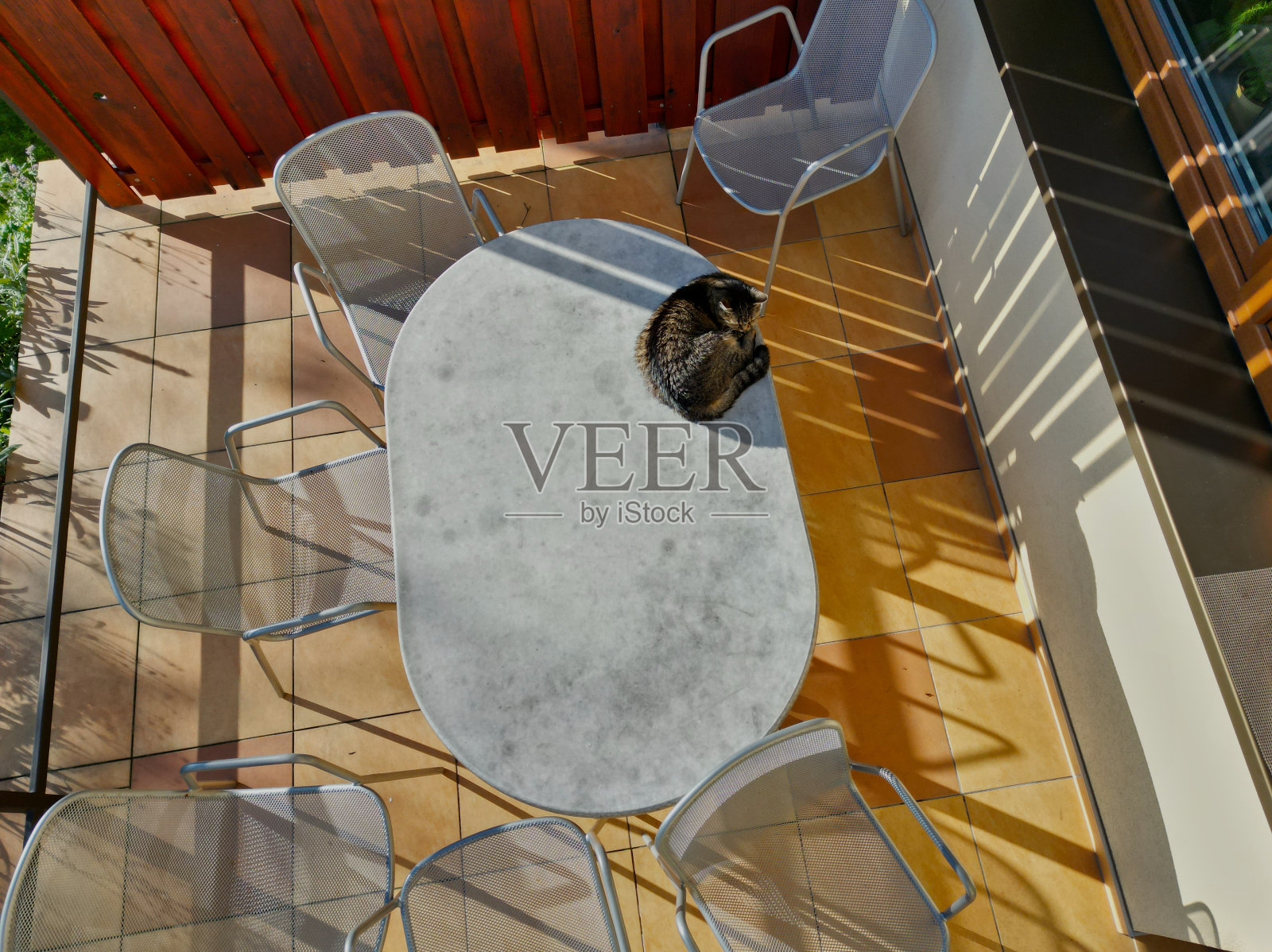 房子旁边的露台。铺路砖呈棕色和黄色。椭圆形桌子，椅子，金属栏杆鸟瞰。花坛环绕草坪，木藤架，山墙屋顶，烧红瓦，家畜，院子，车库照片摄影图片