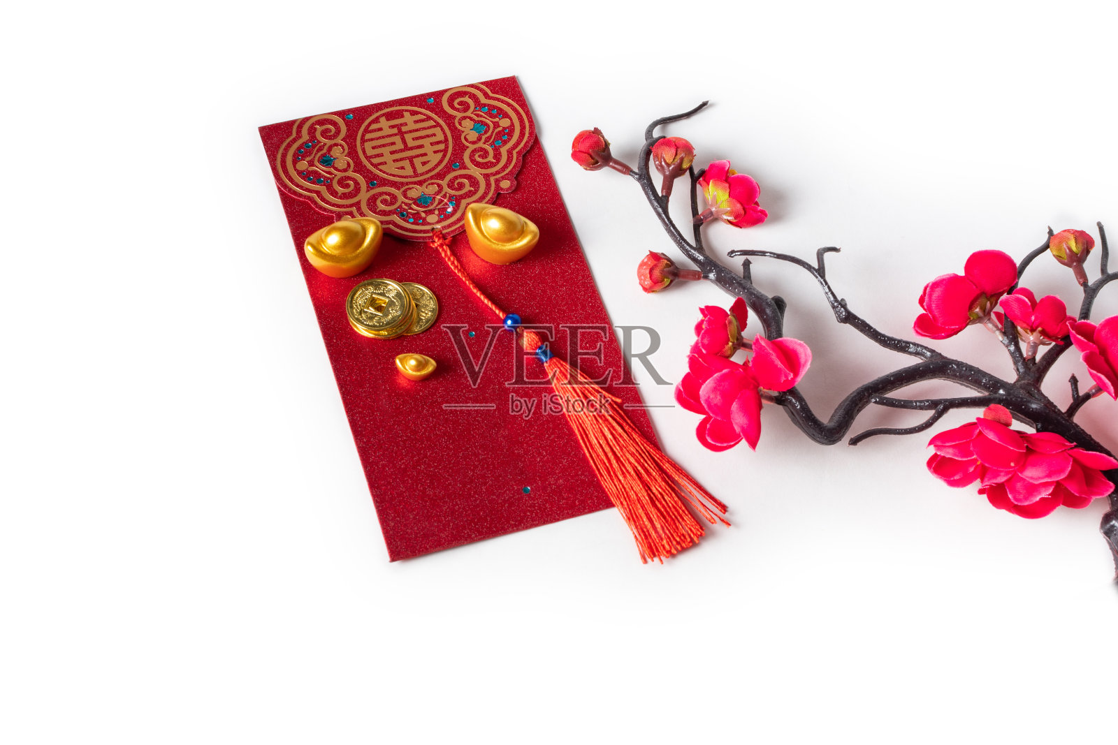 传统新年中国风物品俯视图，隔离在白色背景上照片摄影图片