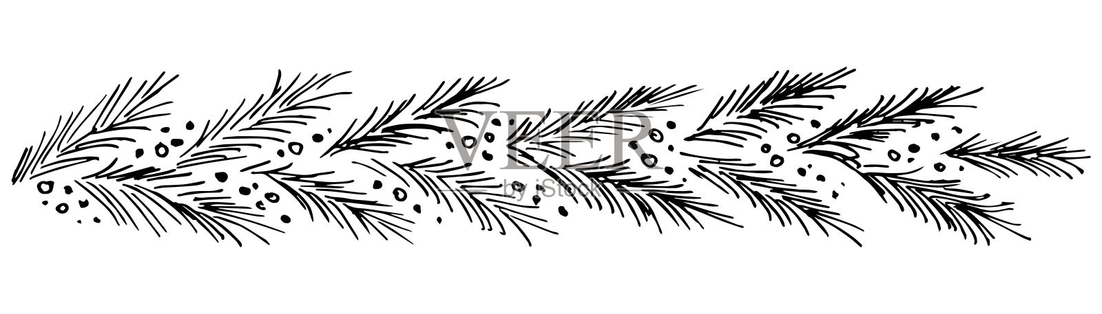 手绘简单的矢量画与黑色的轮廓。松树，云杉枝，浆果。长花环，边界。新年，圣诞设计。插画图片素材
