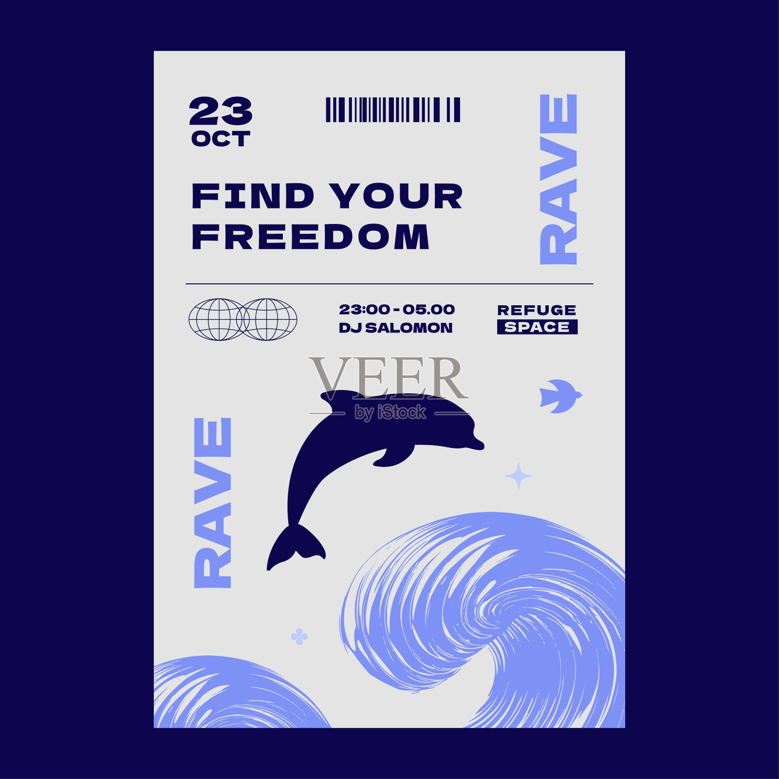 一张极简设计的科技海报，上面是一只在海浪中游泳的海豚的剪影。带有野兽派美学的封面模板，千禧年。插画图片素材