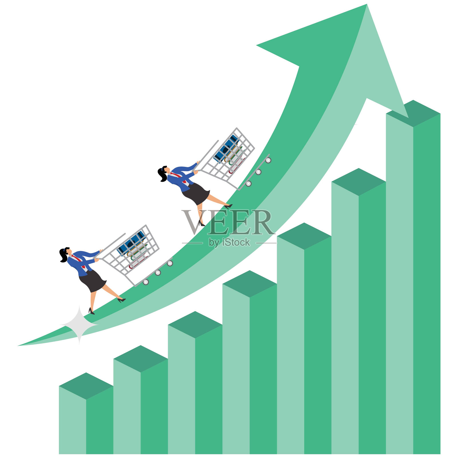 刺激和促进消费，消费升级，物价上涨，通货膨胀，货币贬值，女商人推着装满购物清单和向上箭头的购物车插画图片素材
