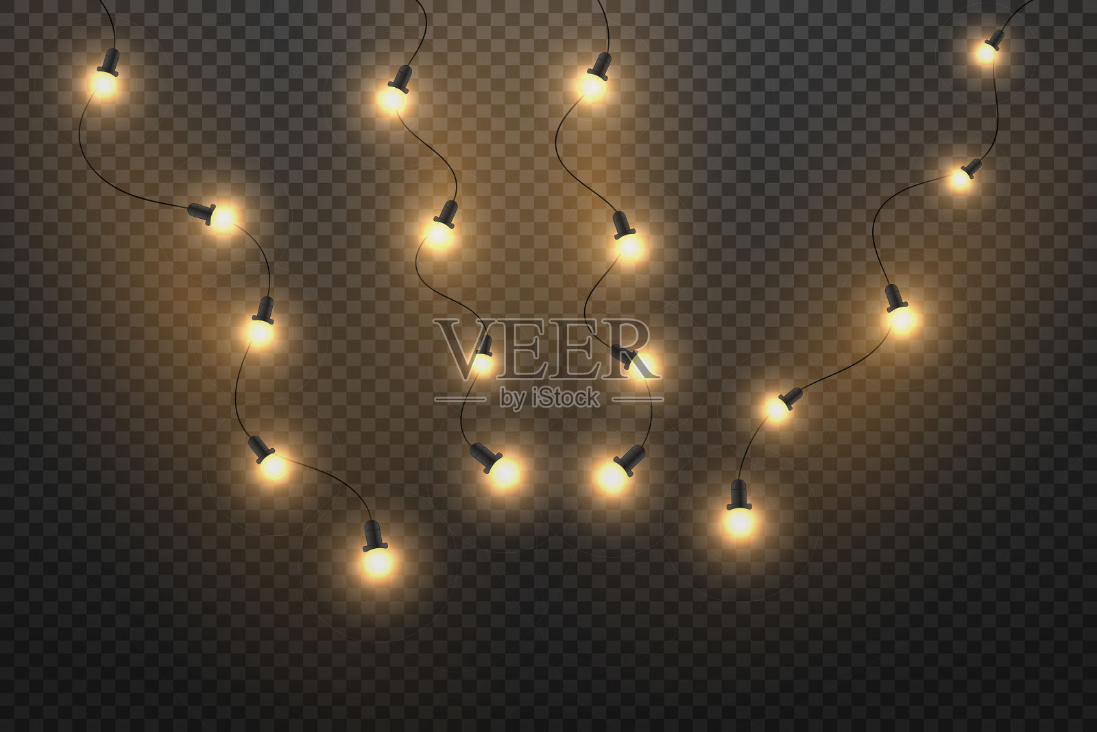 闪闪发光的金色圣诞彩灯和新年花环。插画图片素材