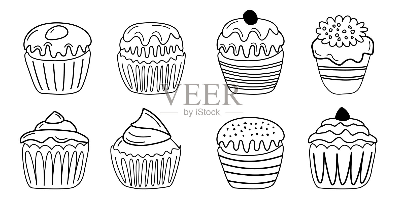 纸杯蛋糕涂鸦素描孤立的白色背景插画图片素材