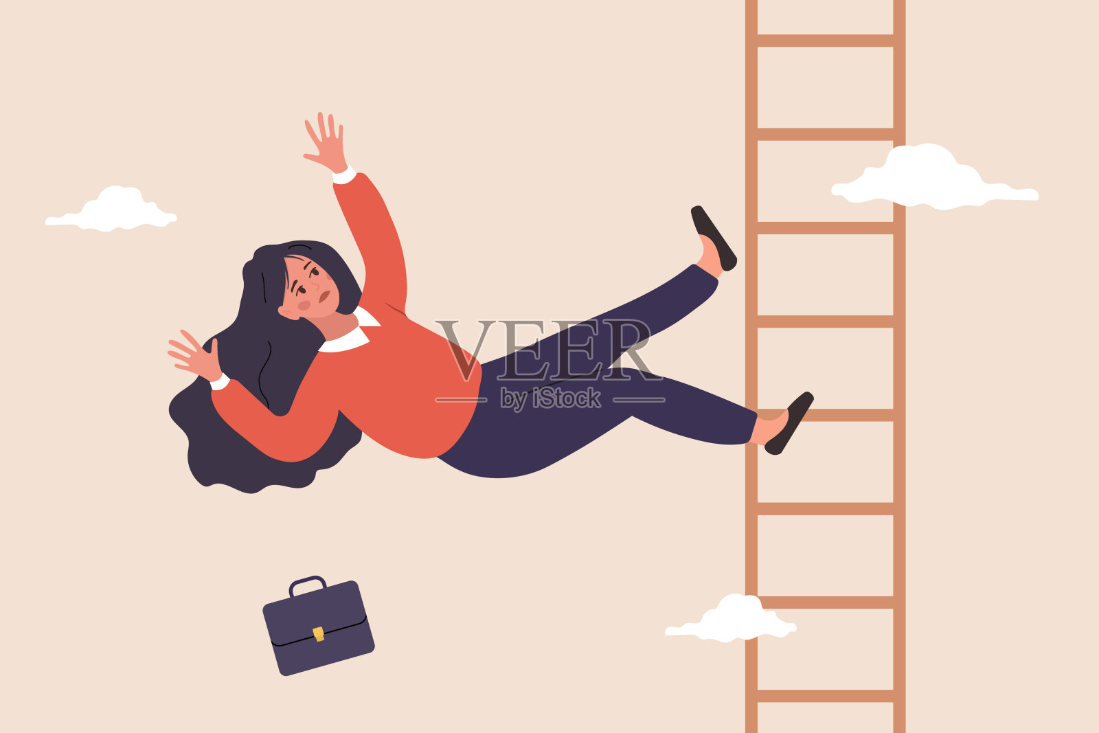 在事业阶梯上跌落的女人。工作上的烦恼和问题。经济危机。投资者赔钱的概念。矢量插图在平面卡通风格插画图片素材