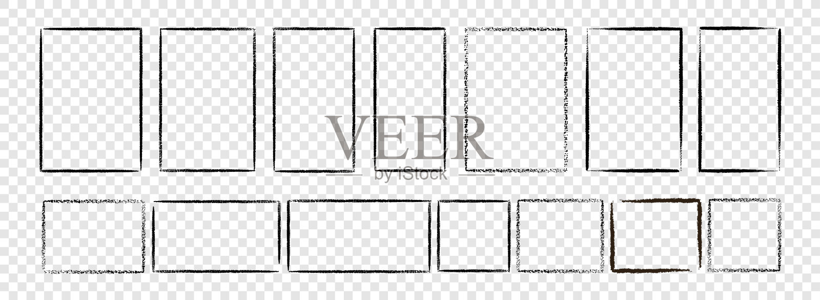 一套黑色手绘垃圾涂鸦木炭，铅笔，粉笔正方形，矩形边框框架插画图片素材