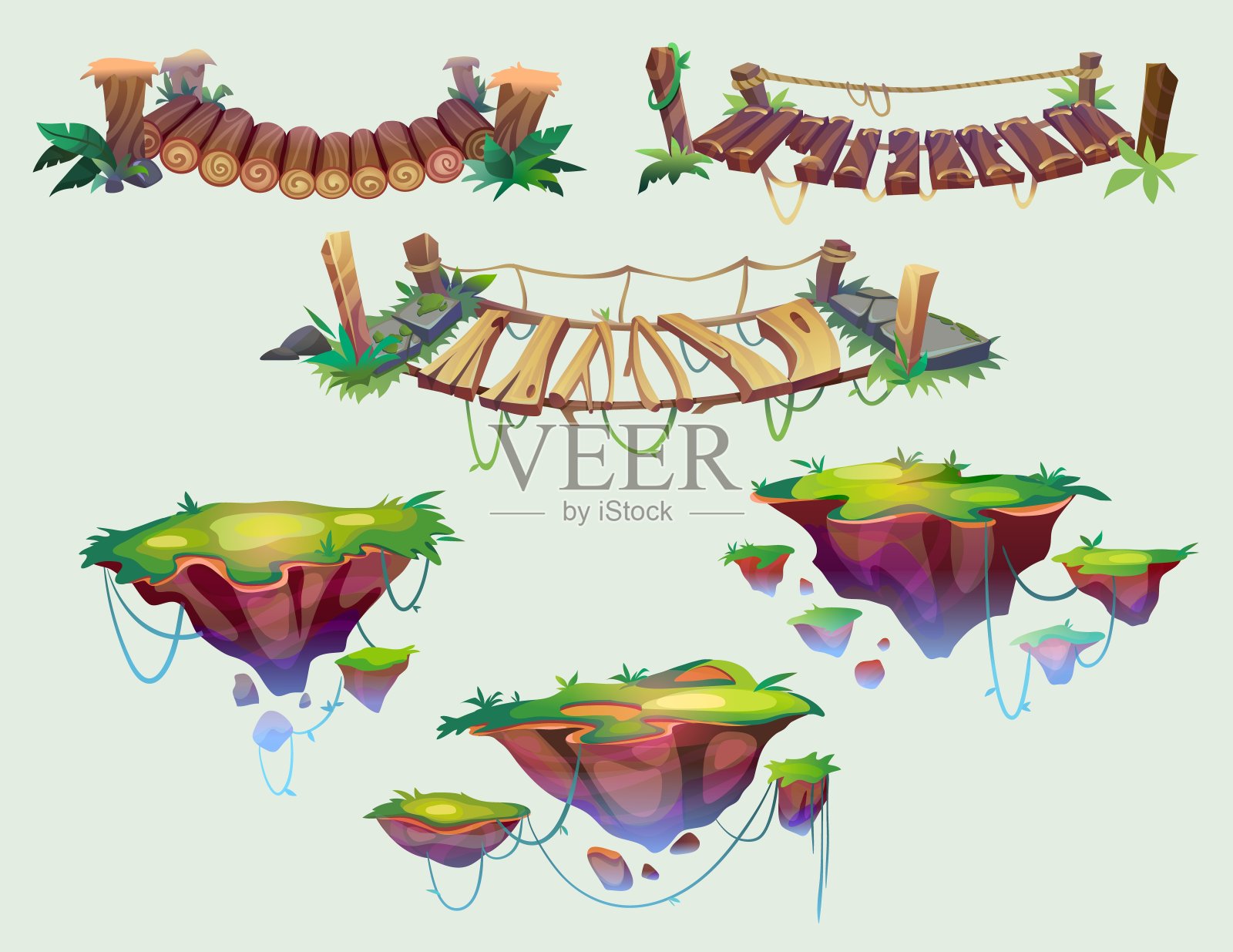 游戏关卡平台和吊桥设置插画图片素材