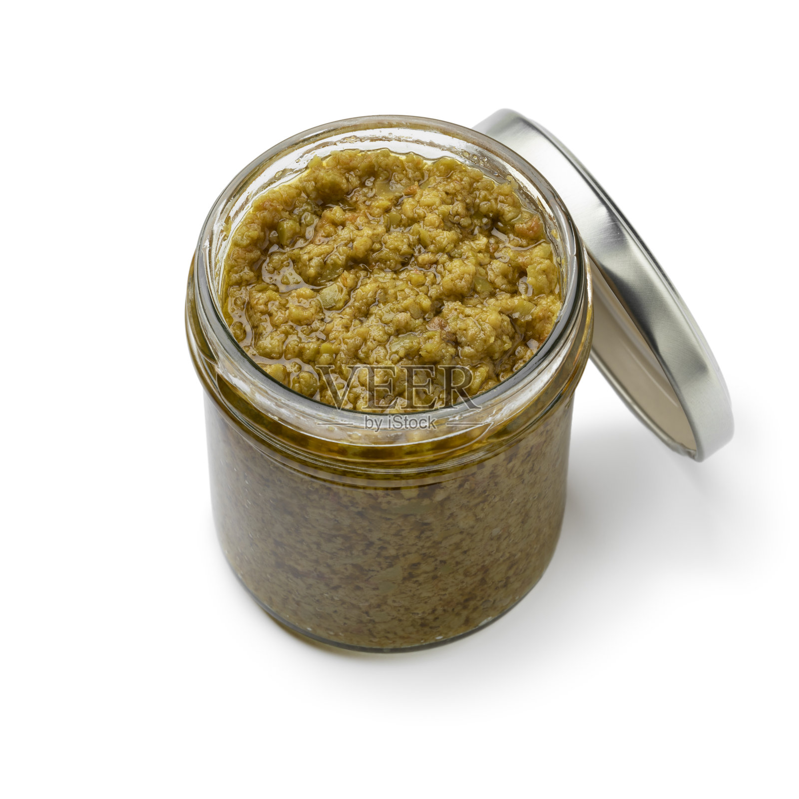 玻璃罐与传统的自制绿橄榄橄榄橄榄接近白色背景照片摄影图片