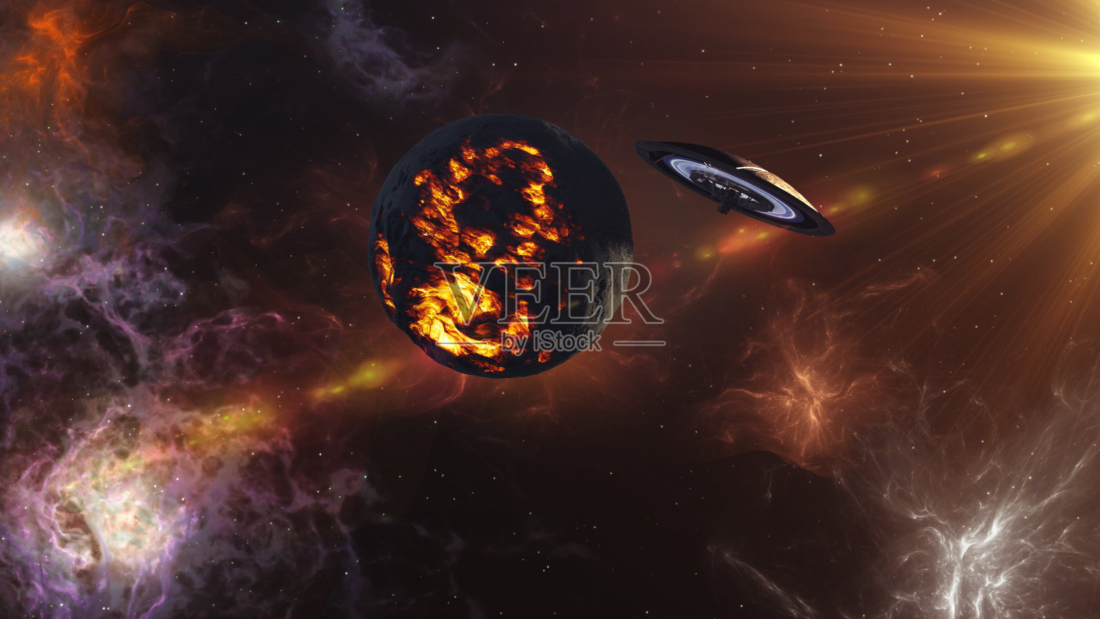 巨大的外星飞船在垂死的星球上空照片摄影图片