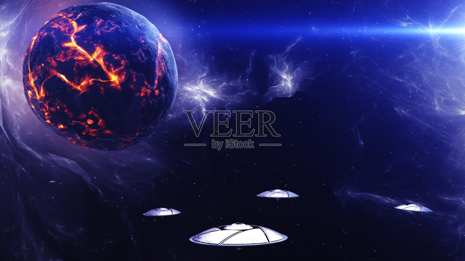 外星飞碟舰队在死亡星球附近的深空照片摄影图片