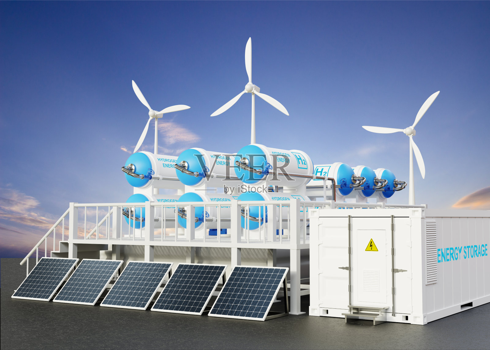 绿色氢气工厂概念。氢气管道用于清洁电力照片摄影图片