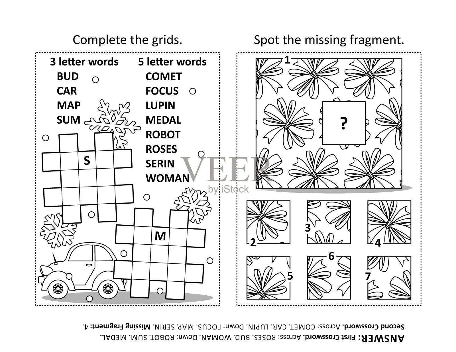 活动页面上有两个谜题。黑白，可打印。答案包括在内。插画图片素材