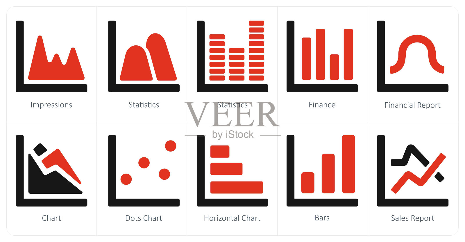 一组10个图表和报告图标作为印象，统计，财务插画图片素材