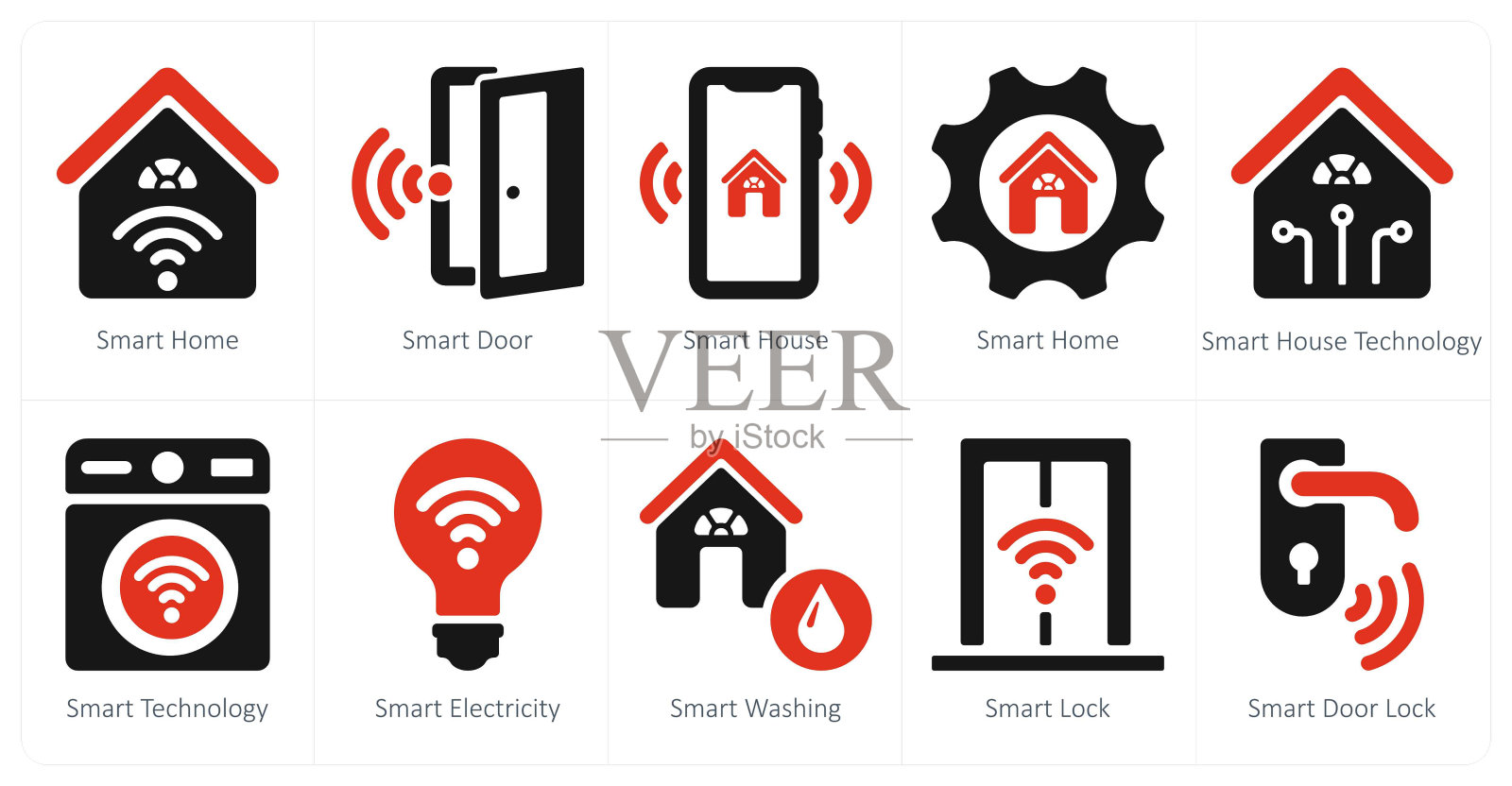一套10个智能家居图标，如智能家居、智能门、智能屋插画图片素材
