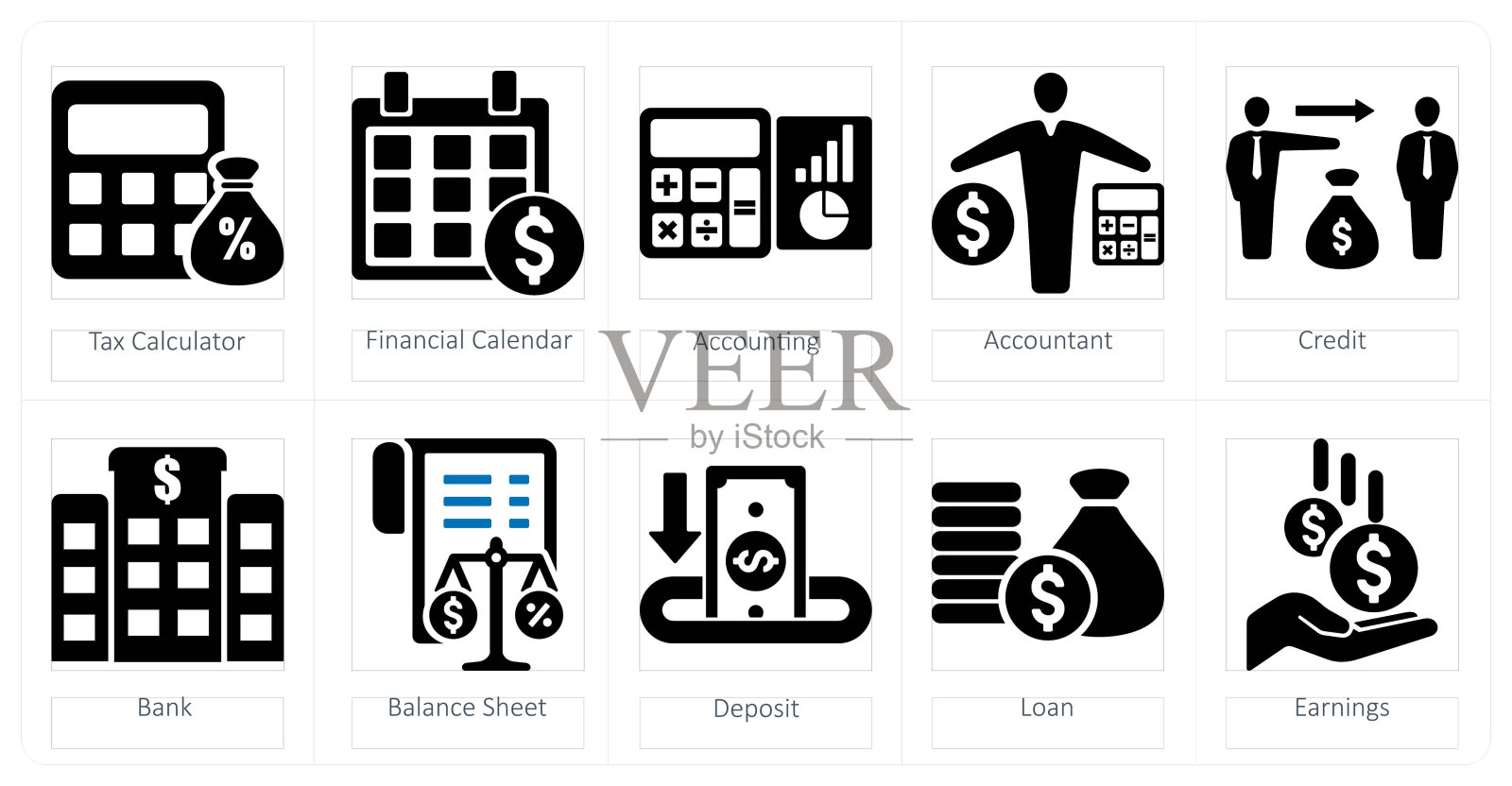 一套10个会计图标作为税务计算器，财务日历，会计插画图片素材