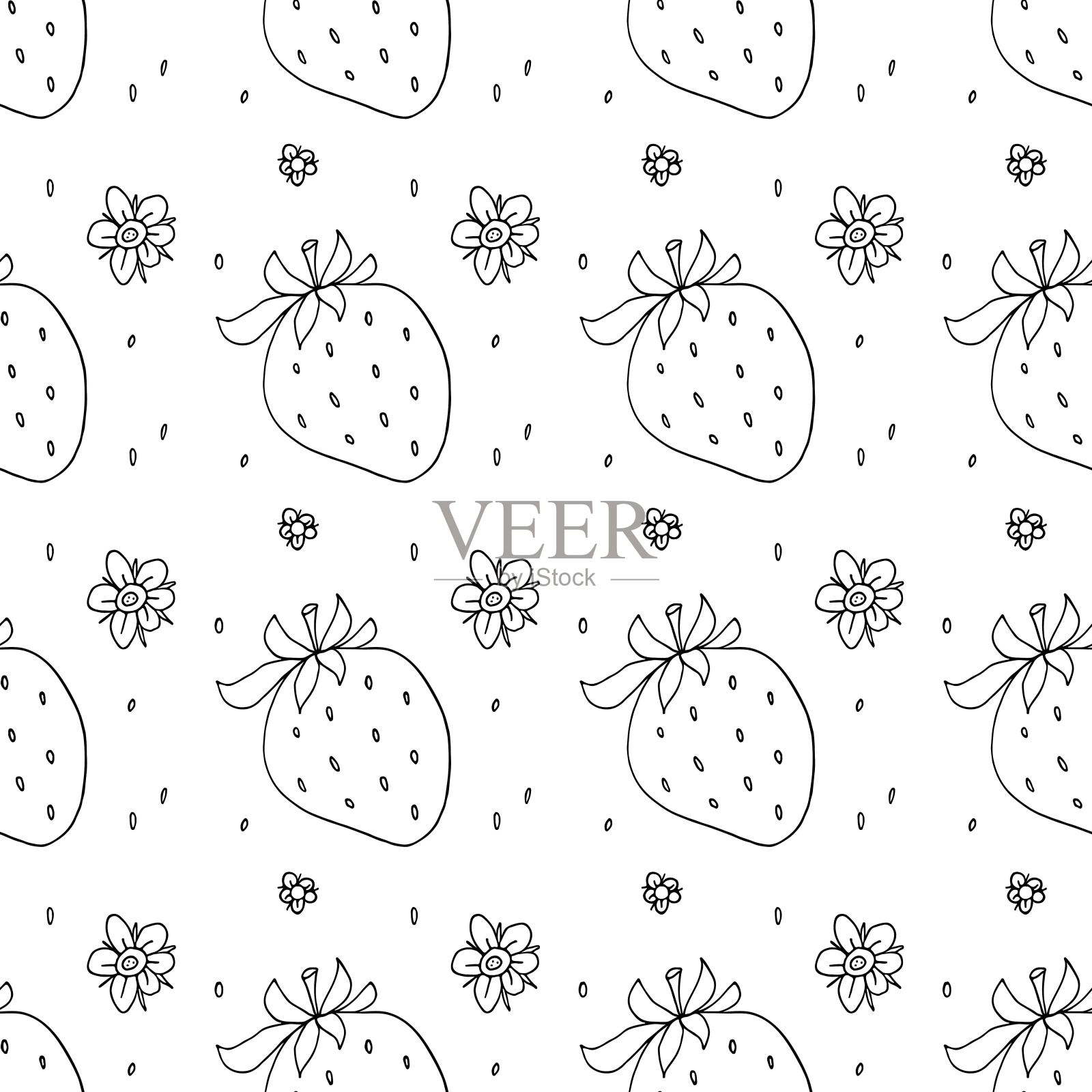 无缝线性草莓图案。手绘素描涂鸦插图与浆果和鲜花。矢量重复黑色和白色背景草莓壁纸，纺织品，包装插画图片素材