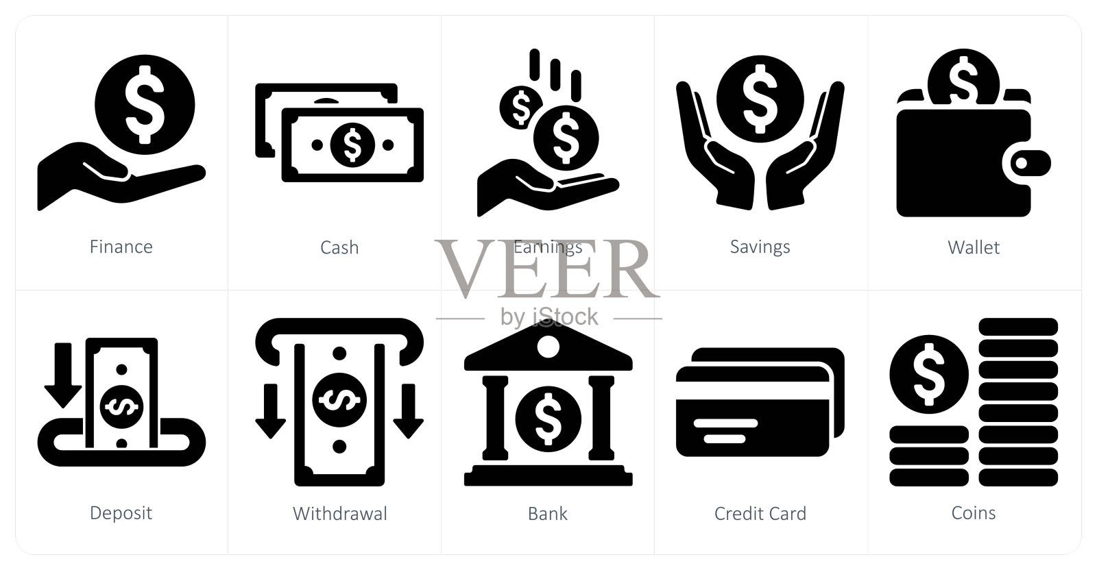 一套10个金融图标，如金融、现金、收入插画图片素材