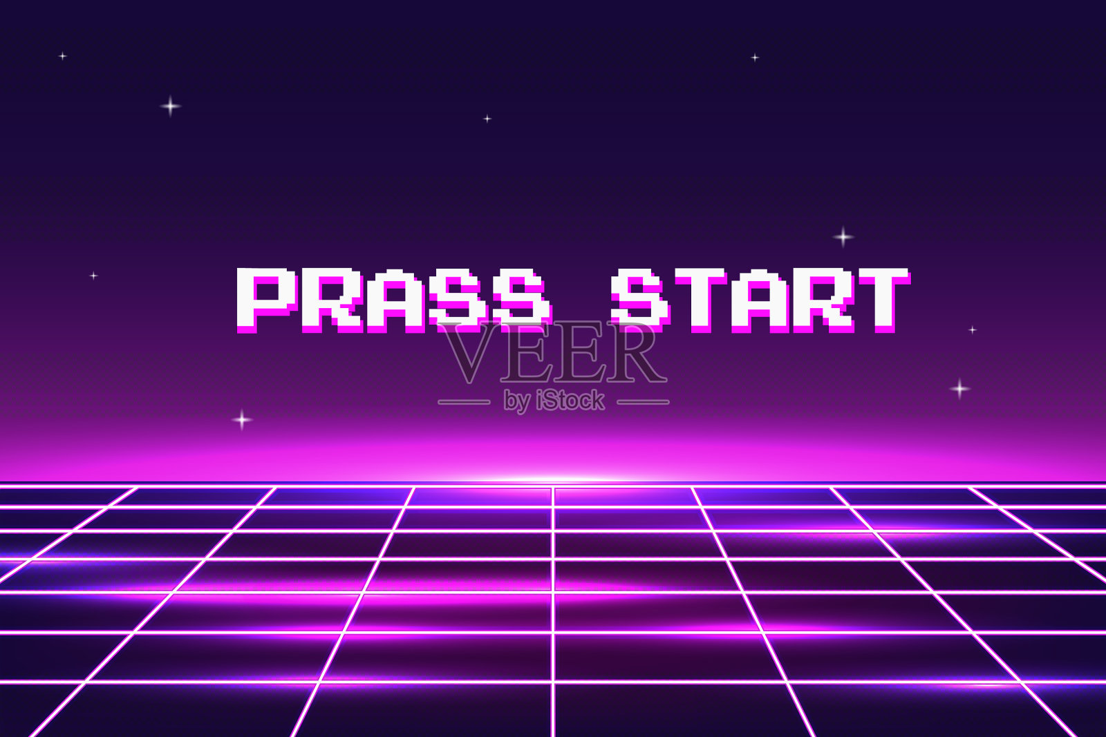 按开始插入硬币继续。像素艺术。8位游戏。复古游戏。用于游戏资产。复古未来主义科幻背景。发光的霓虹灯网格。还有老式街机游戏里的明星插画图片素材