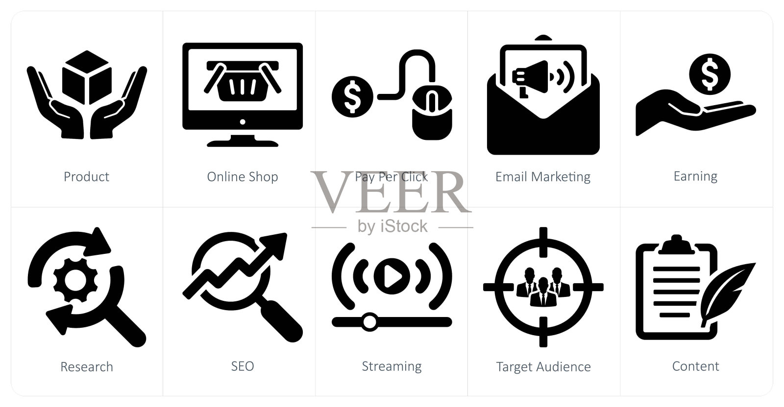 一套10个数字营销图标作为产品，网上商店，每次点击支付插画图片素材