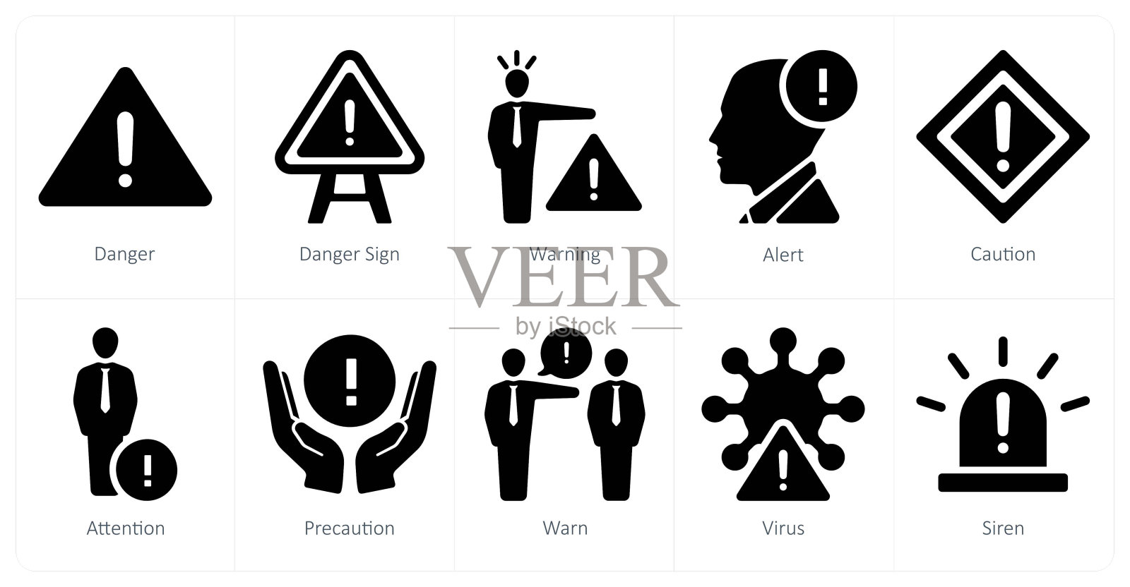 一组10个危险图标，如危险、危险标志、警告插画图片素材