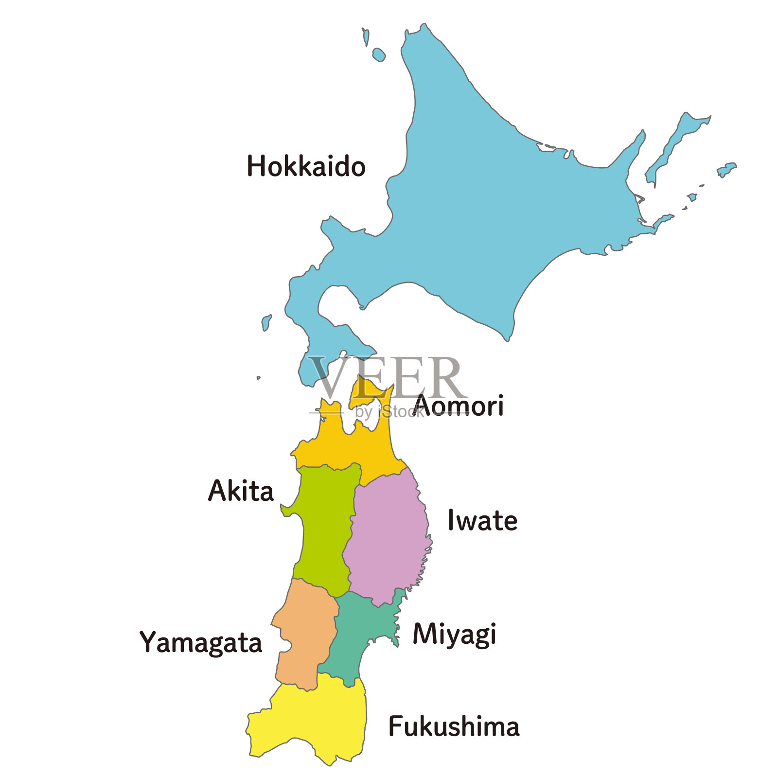 地图在北海道和东北地区的每个县，英文县名，图标风格插画图片素材