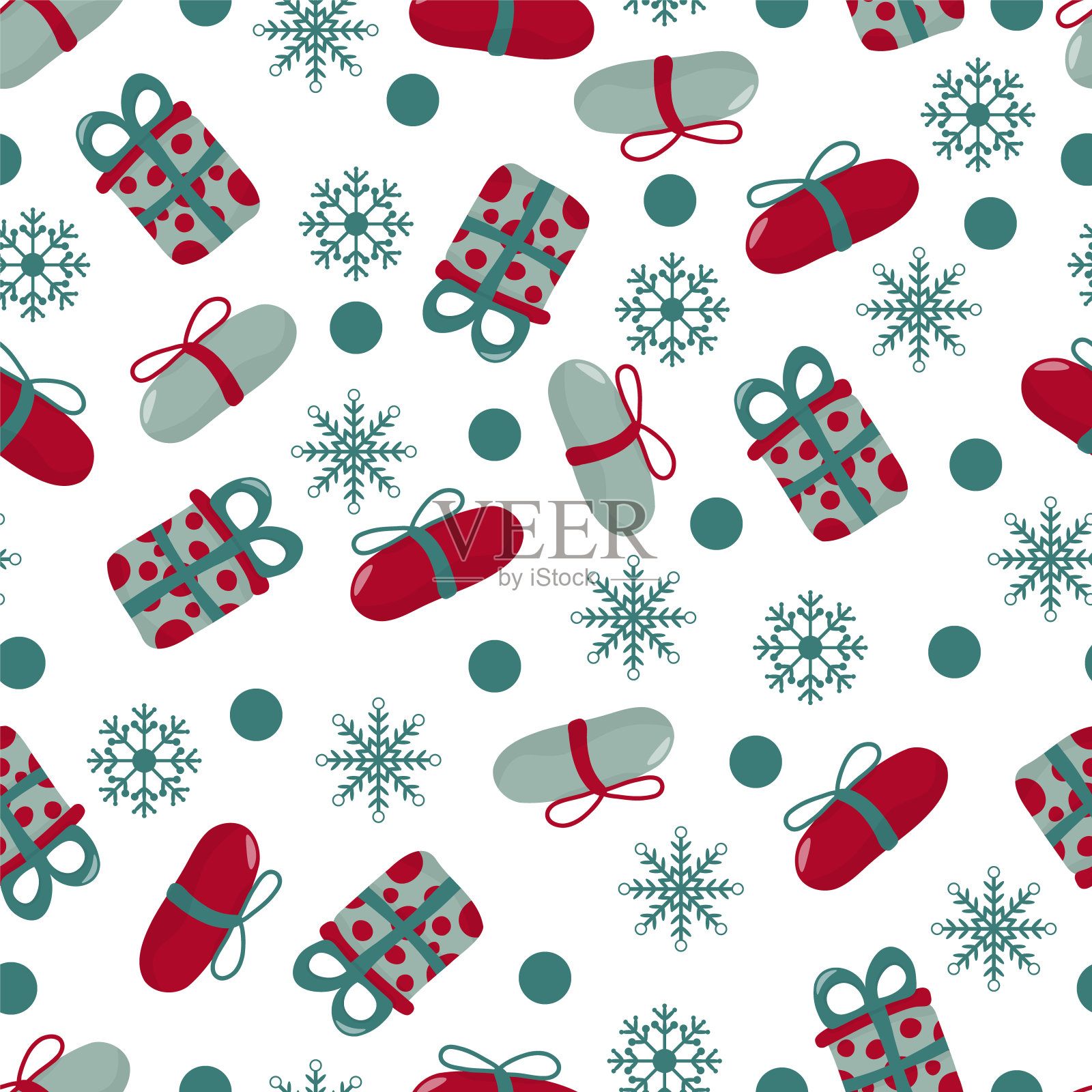 圣诞无缝图案与礼盒和雪花。在白色的背景上，以手绘的风格。插画图片素材